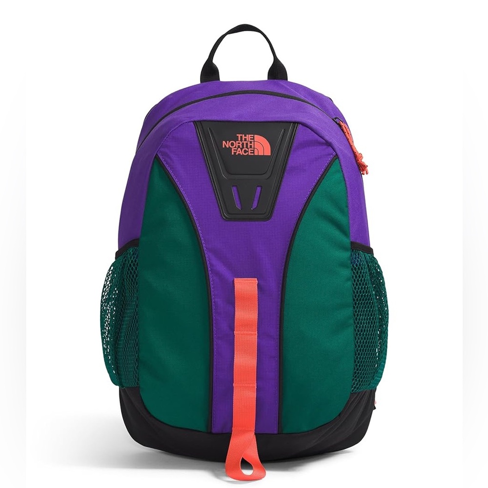 The North Face Purple and Green Backpack with Orange Accent
